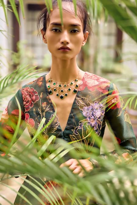 Shop_Limerick By Abirr N' Nanki_Green Organza Embroidery, Beads V-neck Mindy Botanical Print Kurta With Sharara _Online_at_Aza_Fashions