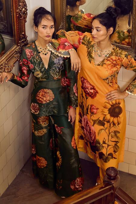 Limerick By Abirr N' Nanki_Green Organza Embroidery, Beads V-neck Mindy Botanical Print Kurta With Sharara _at_Aza_Fashions