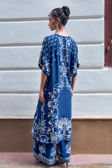 Shop Limerick By Abirr N' Nanki Blue Crepe Botanical Tie-up Rene Pattern Kurta With Pant at Aza Fashions Shop_Limerick By Abirr N' Nanki_Blue Crepe Botanical Tie-up Rene Pattern Kurta With Pant _at_Aza_Fashions