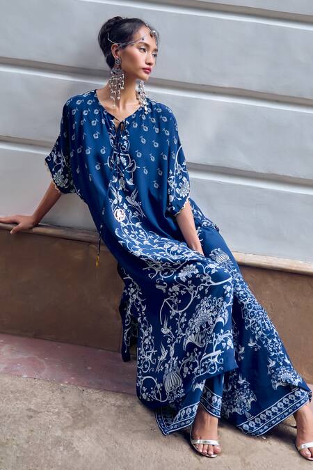 Limerick By Abirr N' Nanki Blue Crepe Botanical Tie-up Rene Pattern Kurta With Pant Online at Aza Fashions Limerick By Abirr N' Nanki_Blue Crepe Botanical Tie-up Rene Pattern Kurta With Pant _Online_at_Aza_Fashions