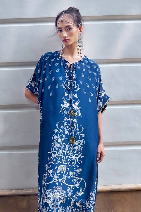Shop Limerick By Abirr N' Nanki Blue Crepe Botanical Tie-up Rene Pattern Kurta With Pant Online at Aza Fashions Shop_Limerick By Abirr N' Nanki_Blue Crepe Botanical Tie-up Rene Pattern Kurta With Pant _Online_at_Aza_Fashions