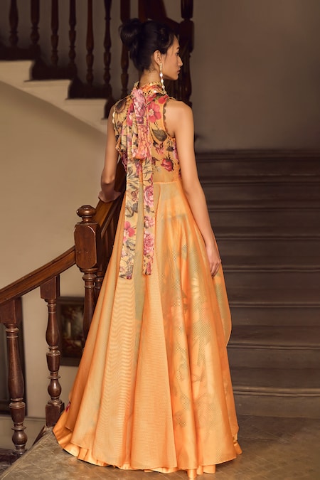 Shop_Limerick By Abirr N' Nanki_Yellow Silk, Organza Embroidery Halter Neck Serena Printed Lehenga Set _at_Aza_Fashions