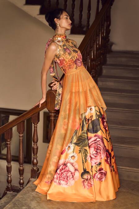 Limerick By Abirr N' Nanki_Yellow Silk, Organza Embroidery Halter Neck Serena Printed Lehenga Set _Online_at_Aza_Fashions