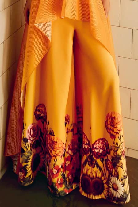 Limerick By Abirr N' Nanki_Yellow Crepe Floral Halter Serena Printed Tunic With Pant _Online_at_Aza_Fashions