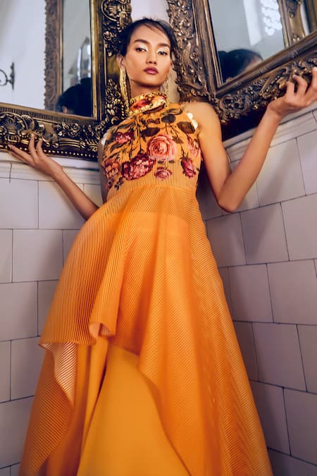 Buy_Limerick By Abirr N' Nanki_Yellow Crepe Floral Halter Serena Printed Tunic With Pant _Online_at_Aza_Fashions