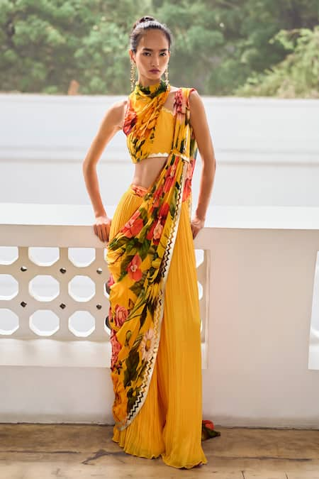 Limerick by Abirr N' Nanki Yellow Georgette Floral Halter Viviana Detailed Pre-draped Saree With Blouse 