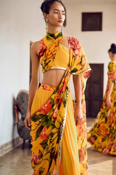 Limerick By Abirr N' Nanki_Yellow Organza, Georgette Viviana Floral Detailed Pre-draped Saree With Blouse _Online_at_Aza_Fashions