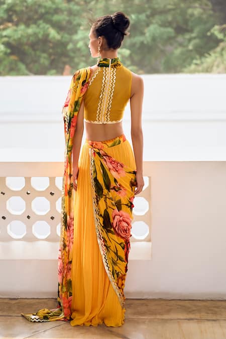 Shop_Limerick By Abirr N' Nanki_Yellow Organza, Georgette Viviana Floral Detailed Pre-draped Saree With Blouse _at_Aza_Fashions