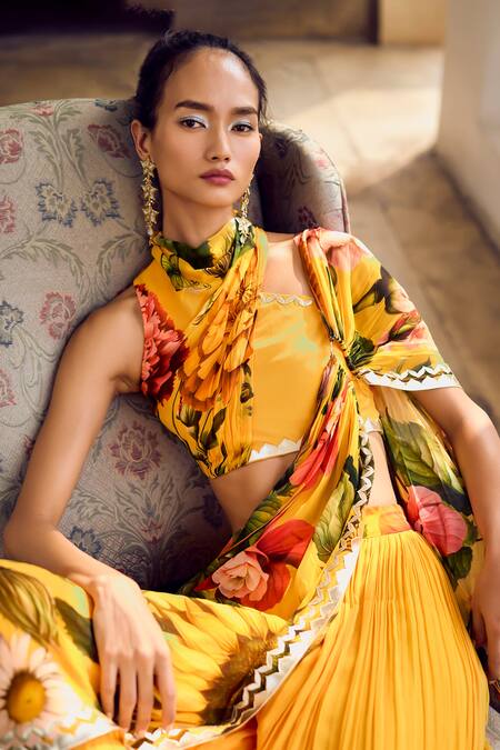 Buy_Limerick By Abirr N' Nanki_Yellow Organza, Georgette Viviana Floral Detailed Pre-draped Saree With Blouse _Online_at_Aza_Fashions