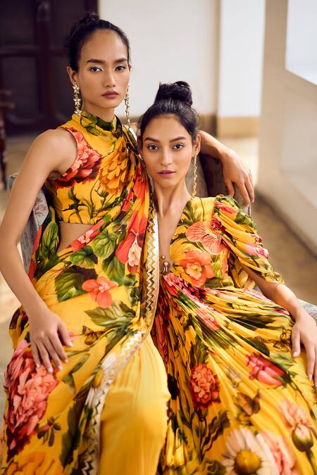Shop_Limerick By Abirr N' Nanki_Yellow Organza, Georgette Viviana Floral Detailed Pre-draped Saree With Blouse _Online_at_Aza_Fashions