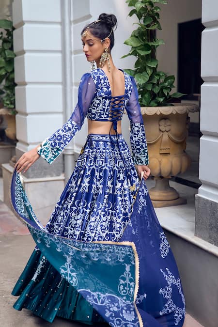 Shop Limerick By Abirr N' Nanki Blue Silk, Chiffon Embroidery V-neck Yana Floral Pattern Lehenga Set at Aza Fashions Shop_Limerick By Abirr N' Nanki_Blue Silk, Chiffon Embroidery V-neck Yana Floral Pattern Lehenga Set _at_Aza_Fashions