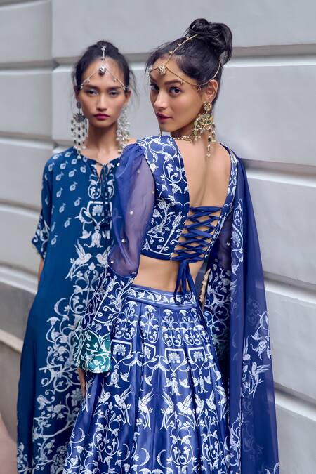 Buy Limerick By Abirr N' Nanki Blue Silk, Chiffon Embroidery V-neck Yana Floral Pattern Lehenga Set Online at Aza Fashions Buy_Limerick By Abirr N' Nanki_Blue Silk, Chiffon Embroidery V-neck Yana Floral Pattern Lehenga Set _Online_at_Aza_Fashions