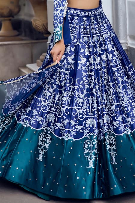 Shop Limerick By Abirr N' Nanki Blue Silk, Chiffon Embroidery V-neck Yana Floral Pattern Lehenga Set Online at Aza Fashions Shop_Limerick By Abirr N' Nanki_Blue Silk, Chiffon Embroidery V-neck Yana Floral Pattern Lehenga Set _Online_at_Aza_Fashions