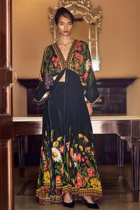 Limerick by Abirr N' Nanki Black Kurta Georgette Printed Floral Plunge-v Adele Embroidered Pant Set 