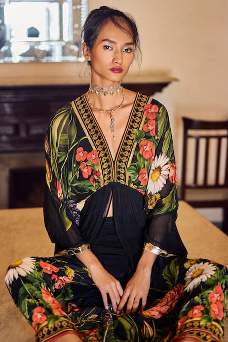 Shop Limerick By Abirr N' Nanki Black Georgette, Crepe Embroidery Plunge Neck Adele Kurta Pant Set Online at Aza Fashions Shop_Limerick By Abirr N' Nanki_Black Georgette, Crepe Embroidery Plunge Neck Adele Kurta Pant Set _Online_at_Aza_Fashions