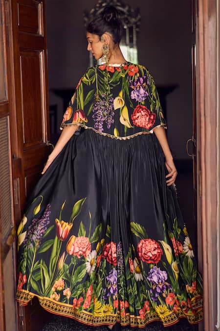 Shop Limerick By Abirr N' Nanki Black Crepe Printed Floral Plunge-v Agatha Embroidered Cape With Draped Dress at Aza Fashions Shop_Limerick By Abirr N' Nanki_Black Crepe Printed Floral Plunge-v Agatha Embroidered Cape With Draped Dress _at_Aza_Fashions