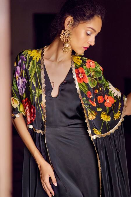 Limerick By Abirr N' Nanki Black Crepe Printed Floral Plunge-v Agatha Embroidered Cape With Draped Dress Online at Aza Fashions Limerick By Abirr N' Nanki_Black Crepe Printed Floral Plunge-v Agatha Embroidered Cape With Draped Dress _Online_at_Aza_Fashions