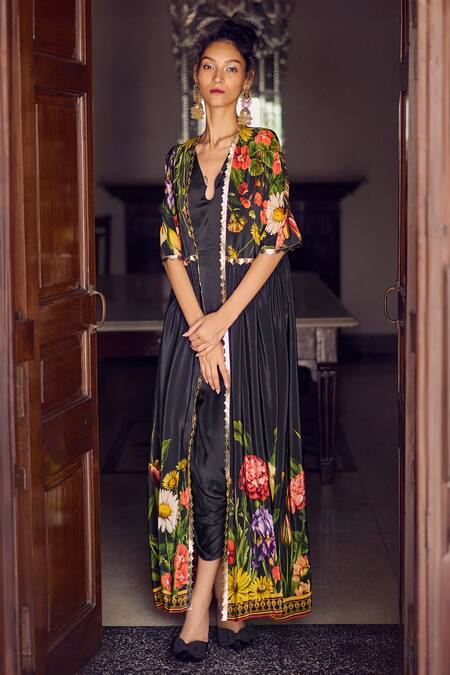 Shop Limerick By Abirr N' Nanki Black Crepe Printed Floral Plunge-v Agatha Embroidered Cape With Draped Dress Online at Aza Fashions Shop_Limerick By Abirr N' Nanki_Black Crepe Printed Floral Plunge-v Agatha Embroidered Cape With Draped Dress _Online_at_Aza_Fashions
