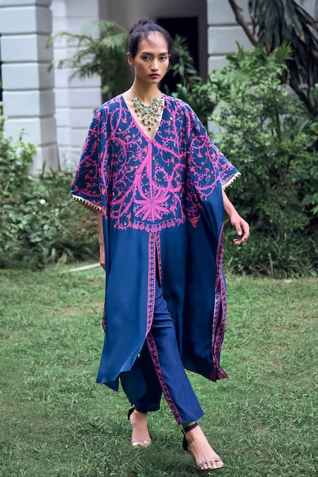 Limerick by Abirr N' Nanki Blue Crepe Printed Floral V-neck Agnes Embroidered Kurta Pant Set 