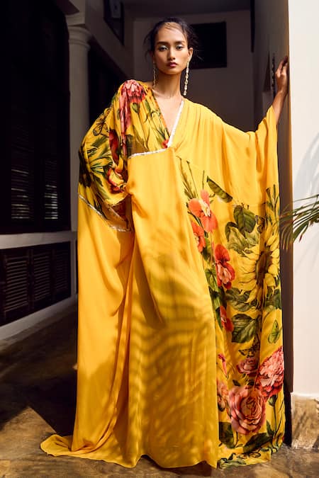 Limerick by Abirr N' Nanki Yellow Georgette Printed Floral V-neck Aldith Kaftan 