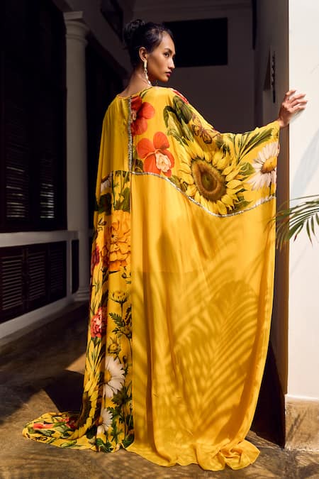 Shop Limerick By Abirr N' Nanki Yellow Georgette Printed Floral V-neck Aldith Kaftan at Aza Fashions Shop_Limerick By Abirr N' Nanki_Yellow Georgette Printed Floral V-neck Aldith Kaftan _at_Aza_Fashions