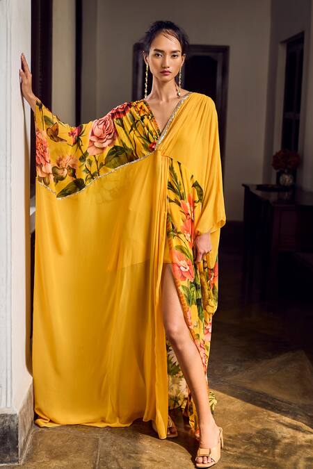 Limerick By Abirr N' Nanki Yellow Georgette Printed Floral V-neck Aldith Kaftan Online at Aza Fashions Limerick By Abirr N' Nanki_Yellow Georgette Printed Floral V-neck Aldith Kaftan _Online_at_Aza_Fashions