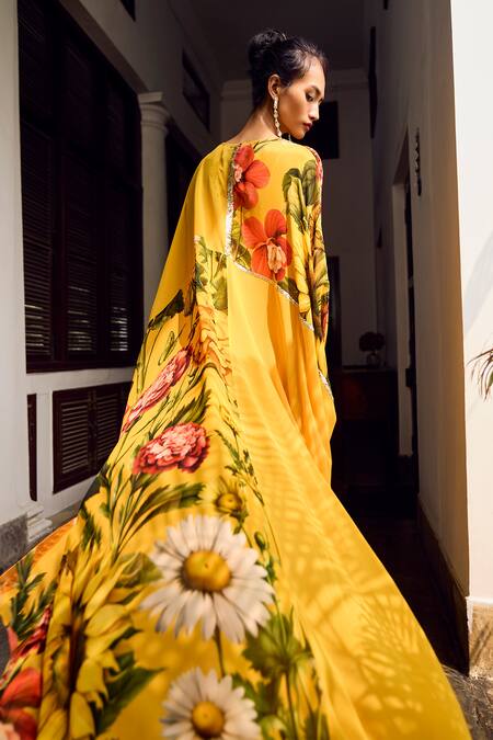Buy Limerick By Abirr N' Nanki Yellow Georgette Printed Floral V-neck Aldith Kaftan Online at Aza Fashions Buy_Limerick By Abirr N' Nanki_Yellow Georgette Printed Floral V-neck Aldith Kaftan _Online_at_Aza_Fashions