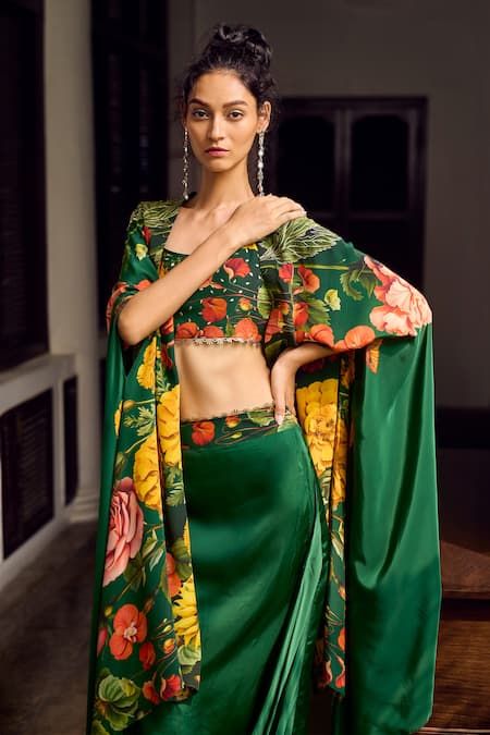 Limerick By Abirr N' Nanki Emerald Green Crepe, Satin Alice Floral Print Cape With Draped Skirt Set Online at Aza Fashions Limerick By Abirr N' Nanki_Emerald Green Crepe, Satin Alice Floral Print Cape With Draped Skirt Set _Online_at_Aza_Fashions