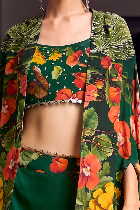 Buy Limerick By Abirr N' Nanki Emerald Green Crepe, Satin Alice Floral Print Cape With Draped Skirt Set Online at Aza Fashions Buy_Limerick By Abirr N' Nanki_Emerald Green Crepe, Satin Alice Floral Print Cape With Draped Skirt Set _Online_at_Aza_Fashions