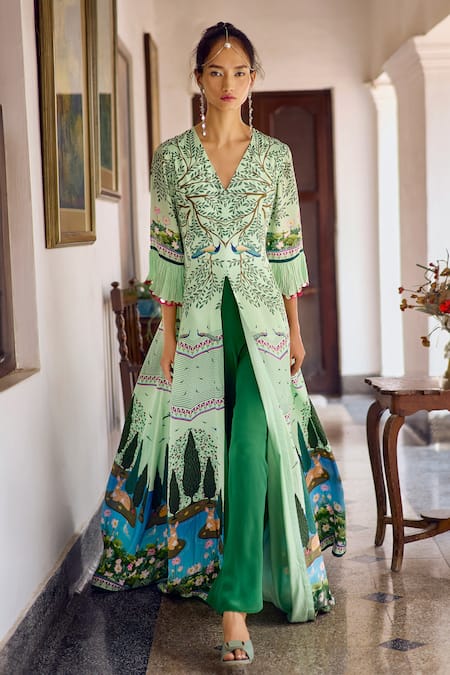 Limerick by Abirr N' Nanki Green Crepe Printed Forest V-neck Amina Kurta With Pant 