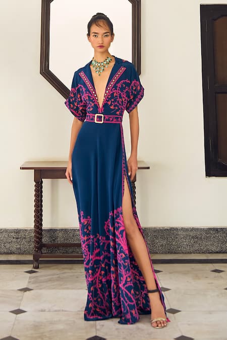 Limerick by Abirr N' Nanki Blue Crepe Printed Ethnic Notched Lapel Arabella Motif Jumpsuit 