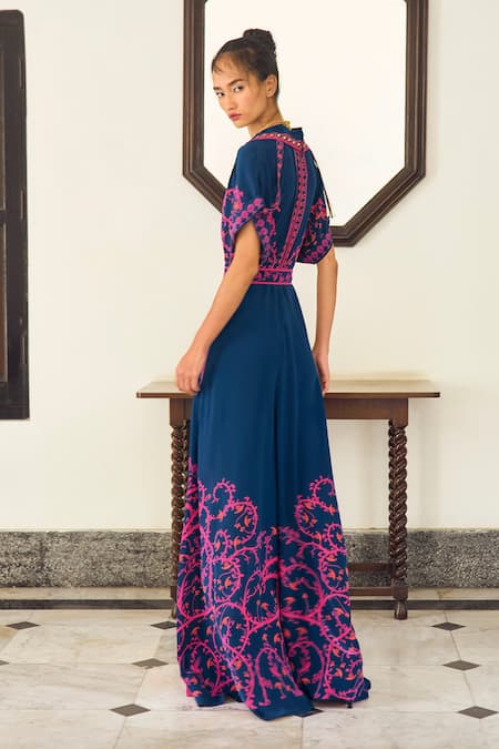 Shop Limerick By Abirr N' Nanki Blue Crepe Embroidery Collared Arabella Ethnic Motif Print Jumpsuit at Aza Fashions Shop_Limerick By Abirr N' Nanki_Blue Crepe Embroidery Collared Arabella Ethnic Motif Print Jumpsuit _at_Aza_Fashions