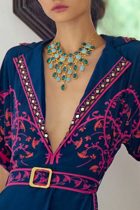 Limerick By Abirr N' Nanki Blue Crepe Embroidery Collared Arabella Ethnic Motif Print Jumpsuit Online at Aza Fashions Limerick By Abirr N' Nanki_Blue Crepe Embroidery Collared Arabella Ethnic Motif Print Jumpsuit _Online_at_Aza_Fashions