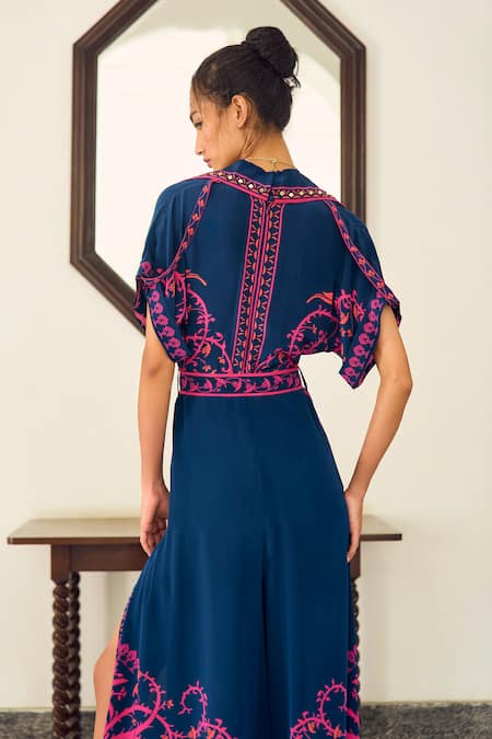 Shop Limerick By Abirr N' Nanki Blue Crepe Embroidery Collared Arabella Ethnic Motif Print Jumpsuit Online at Aza Fashions Shop_Limerick By Abirr N' Nanki_Blue Crepe Embroidery Collared Arabella Ethnic Motif Print Jumpsuit _Online_at_Aza_Fashions