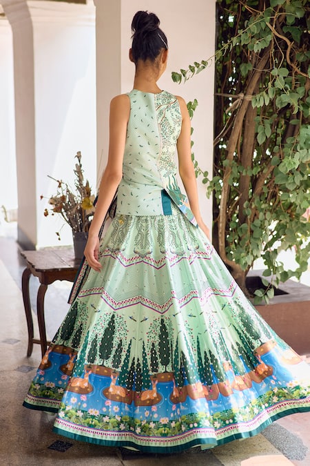 Shop Limerick By Abirr N' Nanki Green Georgette, Silk Sequins, Beads Arlene Forest Print Jacket With Skirt at Aza Fashions Shop_Limerick By Abirr N' Nanki_Green Georgette, Silk Sequins, Beads Arlene Forest Print Jacket With Skirt _at_Aza_Fashions