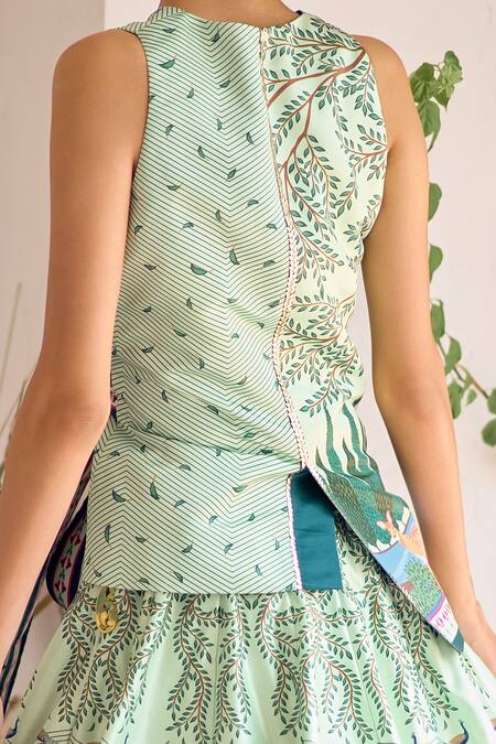 Limerick By Abirr N' Nanki Green Georgette, Silk Sequins, Beads Arlene Forest Print Jacket With Skirt Online at Aza Fashions Limerick By Abirr N' Nanki_Green Georgette, Silk Sequins, Beads Arlene Forest Print Jacket With Skirt _Online_at_Aza_Fashions