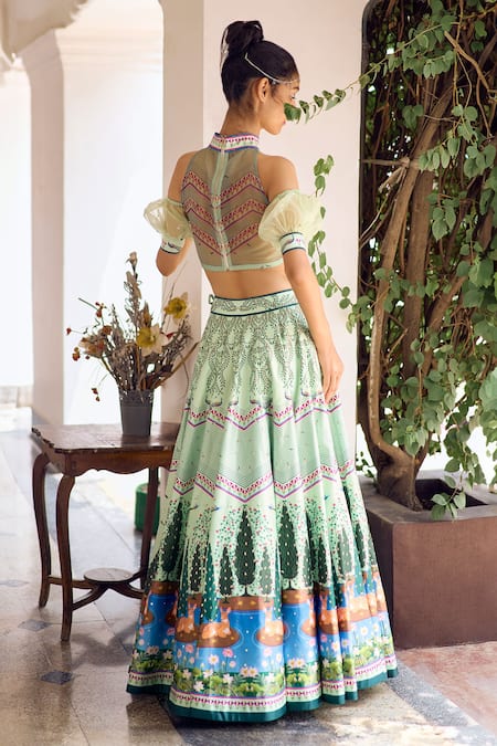 Shop Limerick By Abirr N' Nanki Green Georgette, Silk Sequins, Beads Halter Neck Arlene Forest Print Lehenga Set at Aza Fashions Shop_Limerick By Abirr N' Nanki_Green Georgette, Silk Sequins, Beads Halter Neck Arlene Forest Print Lehenga Set _at_Aza_Fashions