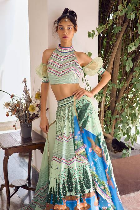 Limerick By Abirr N' Nanki Green Georgette, Silk Sequins, Beads Halter Neck Arlene Forest Print Lehenga Set Online at Aza Fashions Limerick By Abirr N' Nanki_Green Georgette, Silk Sequins, Beads Halter Neck Arlene Forest Print Lehenga Set _Online_at_Aza_Fashions