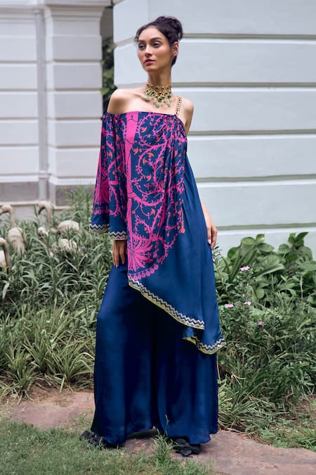 Limerick by Abirr N' Nanki Blue Crepe Printed Ethnic Floral One-shoulder Carmel Draped Top With Pant 