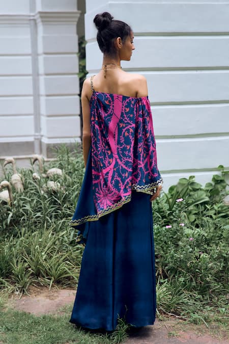 Shop Limerick By Abirr N' Nanki Blue Crepe Lace One Shoulder Carmel Printed Draped Top With Pant at Aza Fashions Shop_Limerick By Abirr N' Nanki_Blue Crepe Lace One Shoulder Carmel Printed Draped Top With Pant _at_Aza_Fashions