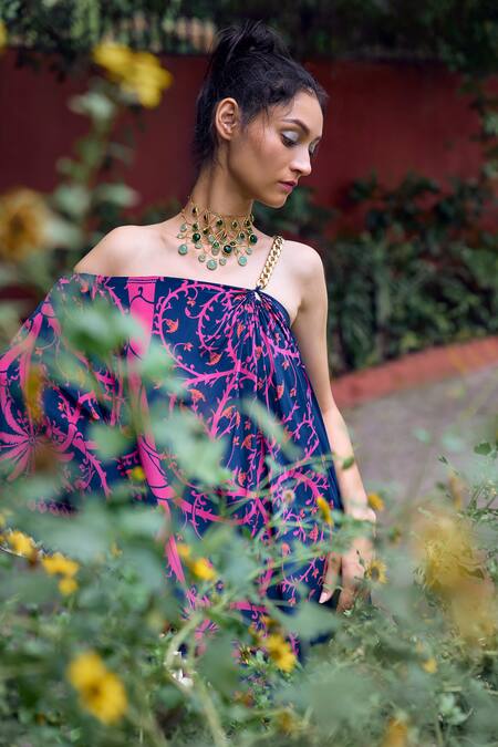 Limerick By Abirr N' Nanki Blue Crepe Lace One Shoulder Carmel Printed Draped Top With Pant Online at Aza Fashions Limerick By Abirr N' Nanki_Blue Crepe Lace One Shoulder Carmel Printed Draped Top With Pant _Online_at_Aza_Fashions