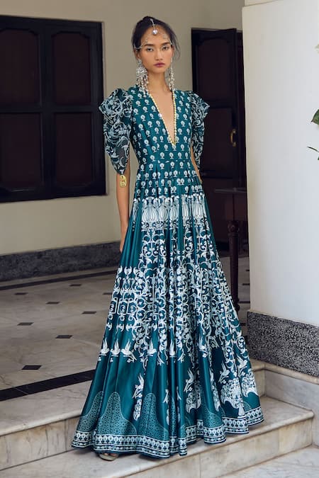 Limerick by Abirr N' Nanki Blue Habutai Silk Printed Ethnic Floral Plunge-v Cecelia Motif Maxi Dress 