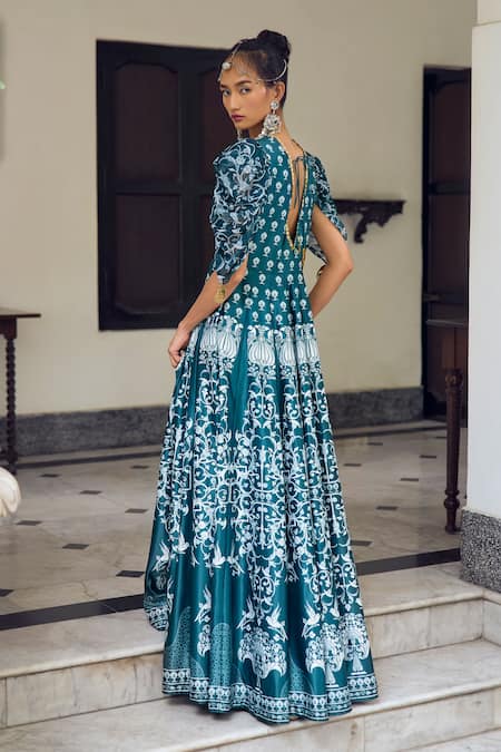 Shop Limerick By Abirr N' Nanki Blue Georgette, Silk Embroidery Plunge Cecelia Ethnic Motif Print Maxi Dress at Aza Fashions Shop_Limerick By Abirr N' Nanki_Blue Georgette, Silk Embroidery Plunge Cecelia Ethnic Motif Print Maxi Dress _at_Aza_Fashions