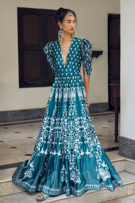 Limerick By Abirr N' Nanki Blue Georgette, Silk Embroidery Plunge Cecelia Ethnic Motif Print Maxi Dress Online at Aza Fashions Limerick By Abirr N' Nanki_Blue Georgette, Silk Embroidery Plunge Cecelia Ethnic Motif Print Maxi Dress _Online_at_Aza_Fashions