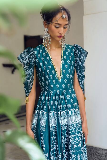 Buy Limerick By Abirr N' Nanki Blue Georgette, Silk Embroidery Plunge Cecelia Ethnic Motif Print Maxi Dress Online at Aza Fashions Buy_Limerick By Abirr N' Nanki_Blue Georgette, Silk Embroidery Plunge Cecelia Ethnic Motif Print Maxi Dress _Online_at_Aza_Fashions