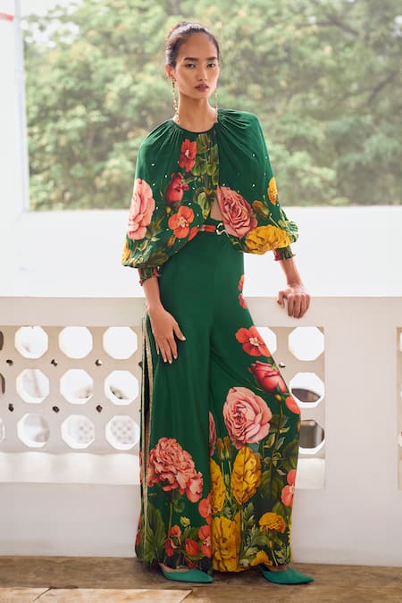 Limerick by Abirr N' Nanki Emerald Green Crepe Printed Floral Round Celine Draped Jumpsuit 