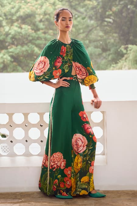 Shop Limerick By Abirr N' Nanki Emerald Green Crepe Embroidery Round Neck Celine Floral Print Draped Jumpsuit at Aza Fashions Shop_Limerick By Abirr N' Nanki_Emerald Green Crepe Embroidery Round Neck Celine Floral Print Draped Jumpsuit _at_Aza_Fashions