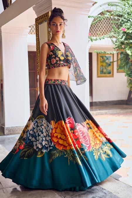 Limerick by Abirr N' Nanki Black Habutai Silk Printed Floral V-neck Cerise Lehenga Set 