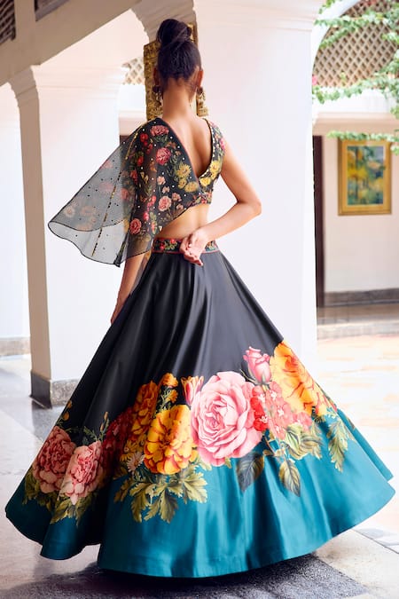 Shop Limerick By Abirr N' Nanki Black Silk, Organza Embroidery V-neck Cerise Floral Print Lehenga Set at Aza Fashions Shop_Limerick By Abirr N' Nanki_Black Silk, Organza Embroidery V-neck Cerise Floral Print Lehenga Set _at_Aza_Fashions