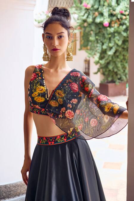 Limerick By Abirr N' Nanki Black Silk, Organza Embroidery V-neck Cerise Floral Print Lehenga Set Online at Aza Fashions Limerick By Abirr N' Nanki_Black Silk, Organza Embroidery V-neck Cerise Floral Print Lehenga Set _Online_at_Aza_Fashions